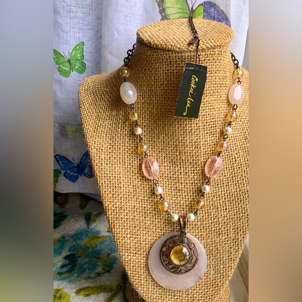🍑 Peach & Pink Faceted Beads with Faux Pearls Pendant Necklace by Cookie Lee